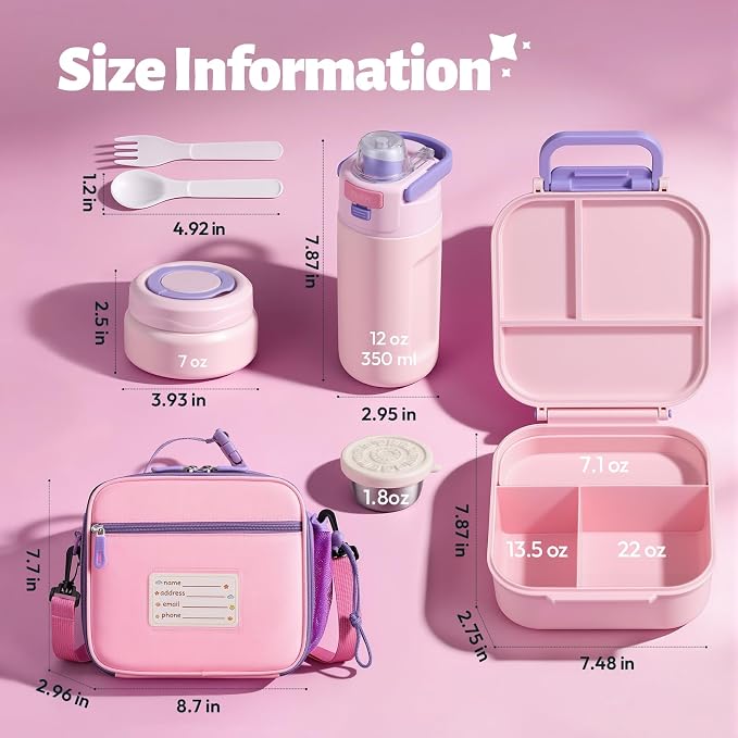 Itslife Bento Box for Kids Set, Insulated Food Container,Kids Lunch Box, 7 oz Thermos for Hot Food, 12 oz Thermos Water Bottle, Reusable Insulated Ice Bag & Fork Spoon Utensils Camping Travel Pink