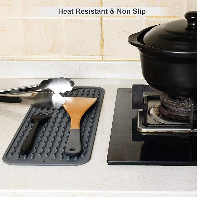 ZLR 2 Pcs Silicone Sponge Holder & Sink Caddy Tray (6" x 17") - Narrow Dish Drying Mat for Kitchen Counter - Waterproof Soap Dispenser Organizer, Non-Slip Bathroom Vanity Tray (Dark Gray)