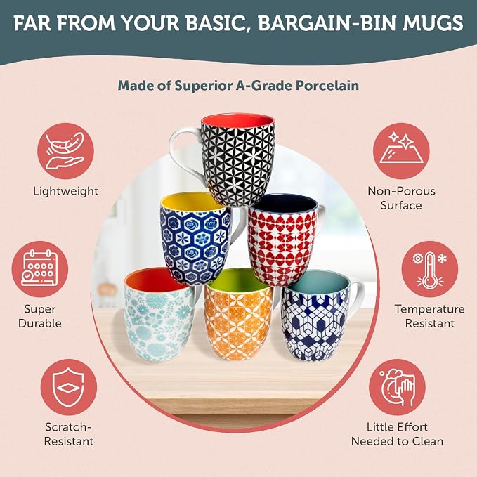 Annovero Large Coffee Mug Set of 6 - Porcelain Cups for Women or Men - Microwave & Dishwasher Safe, Chip Resistant, Zero Lead & Cadmium, for Tea, Cocoa, or Hot Chocolate, 16 Fluid Ounce Capacity