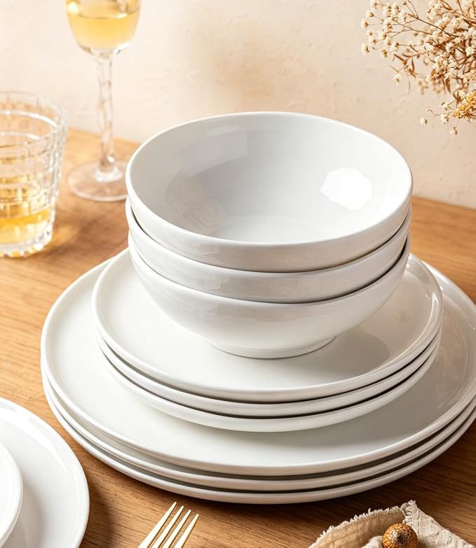 LERATIO Ceramic Dinnerware Sets for 6,Porcelain Plates and Bowls Sets with Wavy Edge, Oven &Microwave & Dishwasher Safe,Light Weight & Scratch Resistant Dishes Sets-Service for 6 (18pcs)-Peal White
