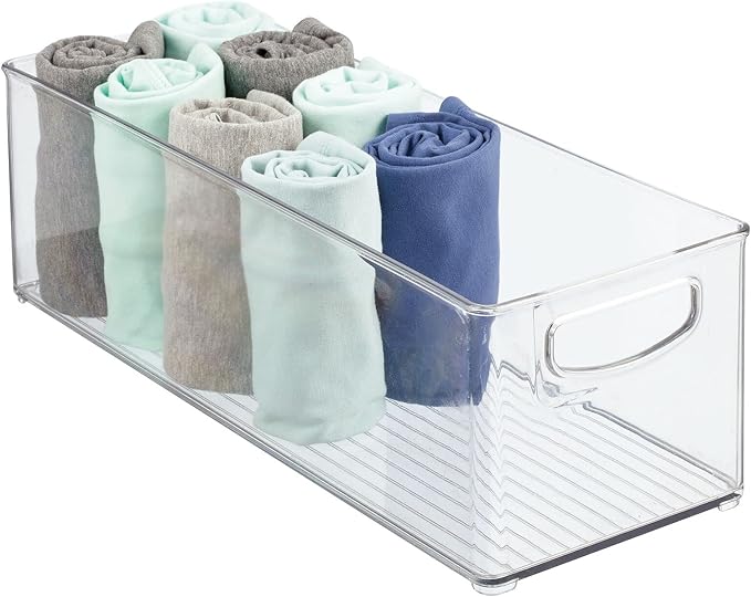 mDesign Plastic Closet Organizer with Handles - Storage Basket Bin for Closet Shelf Organization - Stackable Container for Organizing Clothes and Laundry Supplies - Ligne Collection - 8 Pack - Clear