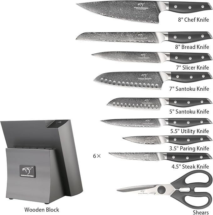 Damascus Knife Set with Block, 16-Piece VG10 67-Layer Steel Kitchen Knives | 16-piece premium Damascus kitchen knife set with VG10 steel core, 67 layers, wood block, and triple-rivet handles