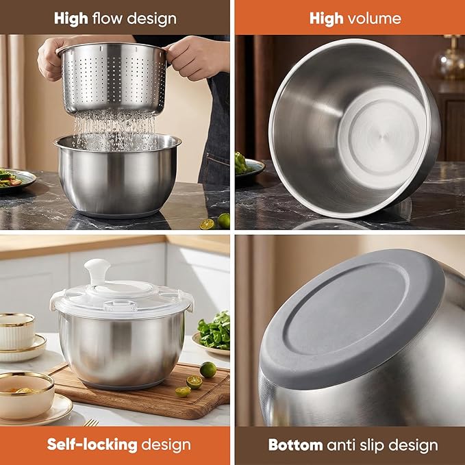 Stainless Steel Salad Spinner & Fruit Washer, 6L Quick-Spin Vegetable Spinner with Drain Lid, Pasta Dryer & 3-Bowl Set, Commercial-Grade Salad Spinner for Kitchen, Easy Clean & Dishwasher Safe