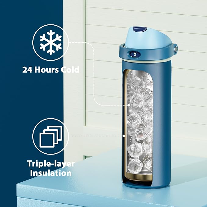 Meoky 24 oz Insulated Water Bottle: Stainless Steel for Travel Gym, Denim | 2-in-1 Straw and Spout Lid, Leak Proof, Cold for 24 Hours, Fits in Car Cup Holder, BPA-Free