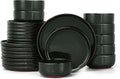 E-far Stoneware Dinnerware Sets for 8, 24 Pieces Reactive Glaze Plates and Bowls Sets, Elegant Dishes with Rustic Terracotta Clay Base, Dishwasher & Microwave Safe, Scratch Resistant, Blackish Green