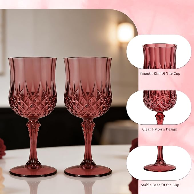 7OZ Plastic Wine Glasses, Reusable Vintage Goblets Unbreakable Drinking Glasses Crystal Water Cups Champagne for Wedding, Parties (12, Burgundy)