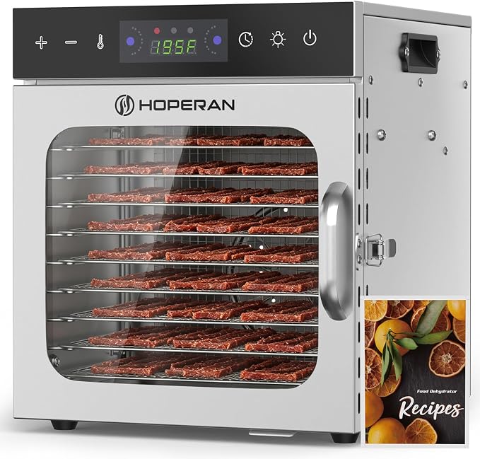HOPERAN 10 Tray Food Dehydrator Machine for Jerky, Fruit, Herb & Dog Treats | Stainless Steel, Max.196℉ Digital Temperature & Timer Control, 400W, Quiet <48dB, Including 2 Mesh Screens, 1 Fruit Roll Tray