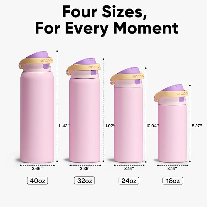 ENCOOL Leakproof Insulated Water Bottle with Straw Dual-Sip Water Bottle Bag-Safe Design for Work, Commute & Gym – Keeps Drinks Cold All Day, 24 oz, Peach Purple