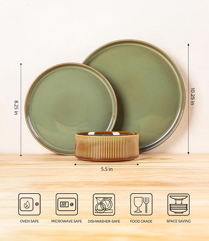 TheTerra Ceramic Dinnerware Sets for 4, 12 Pieces Porcelain Lightweight Plates and Bowls Sets, Scratch Resistant Dish Set, Oven & Microwave & Dishwasher Safe, Sage Umber
