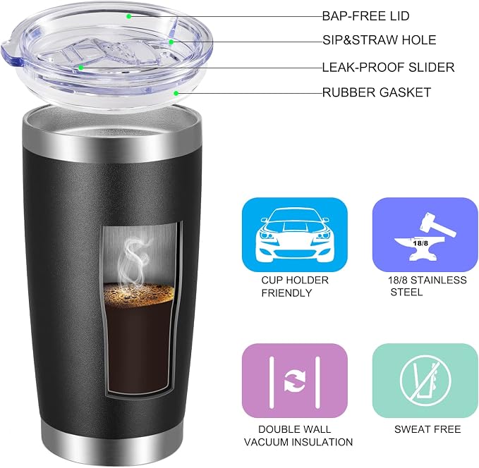 VEGOND 20oz Tumbler with Lid and Straw Stainless Steel Tumbler Cup Vacuum Insulated Double Wall Travel Coffee Mug Powder Coated Coffee Cup, Black, 1 Pack