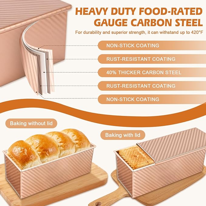 3Pack 1LB Bread Loaf Pan with Lid + Bread Storage Container, Nonstick Bread Pans with Lids for Homemade Sandwich Bread, Pullman Bread Baking Pans & Breadbox for Homemade Bread