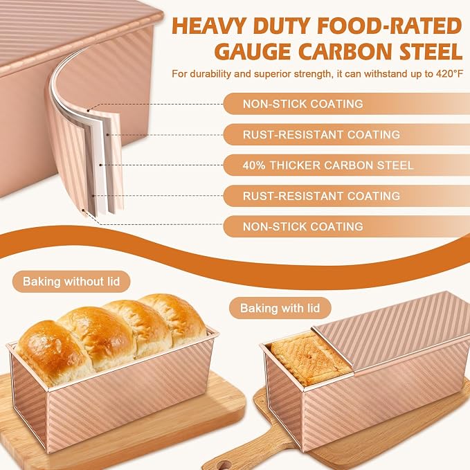 3Pack Pullman Loaf Pans with Lids – 2.2 LB & 1 LB & 1 LB Dough Capacity, Non-Stick Carbon Steel Bread Pans for Homemade Sandwich and Sourdough Bread, Corrugated Toast Mold