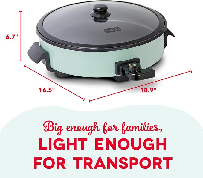 Dash Family Size Skillet - Electric Skillet for Multi-Purpose Cooking - Nonstick Cooking Surface - Tempered Glass Lid & Cool-Touch Handles - 6-Quart Capacity, Makes 24 Cups - 14", Aqua
