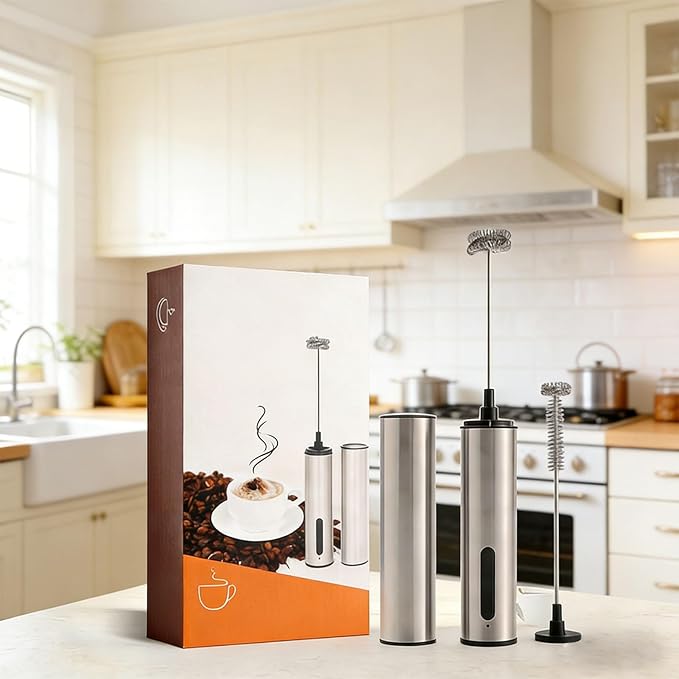 Milk Frother, USB Rechargeable Handheld Electric Whisk, Stainless Steel Head Whisk for Coffee Latte Cappuccino Egg Matcha