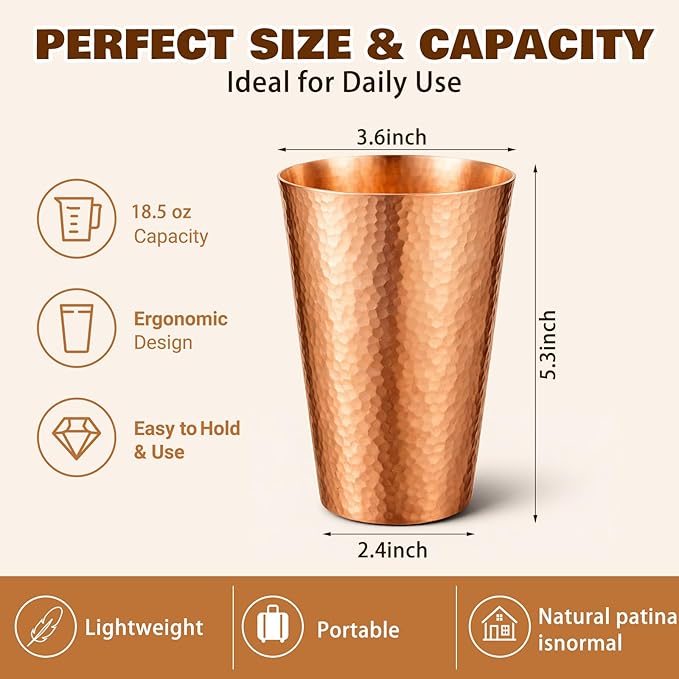 Willinglong 4 Pcs 100% Pure Copper Cup Tumblers 18.5 oz Handcrafted Hammered Copper Cups, Ayurvedic Health Benefits Drinking Vessel for Family Health Water, Cocktails, Iced Tea Glasses(Threaded)
