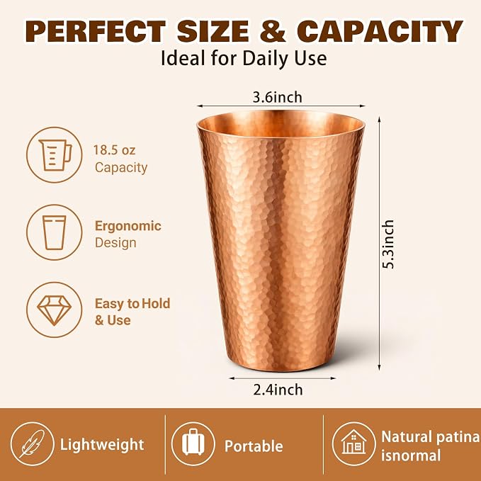 Willinglong 3 Pcs 100% Pure Copper Cup Tumblers 18.5 oz Handcrafted Hammered Copper Cups, Ayurvedic Health Benefits Drinking Vessel for Family Health Water, Cocktails, Iced Tea Glasses(Threaded)