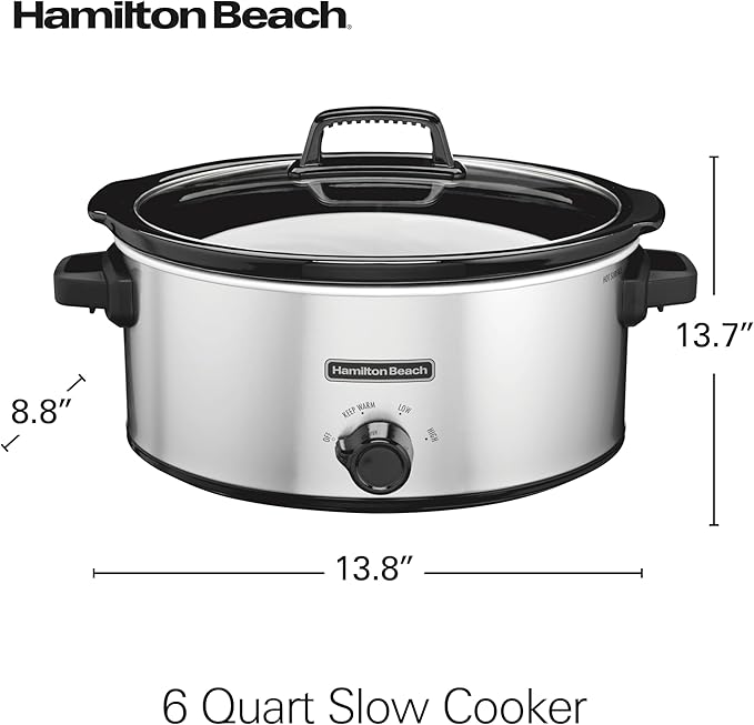 Hamilton Beach 6 Quart Slow Cooker With 3 Cooking Settings | Dishwasher-Safe Stoneware Crock & Glass Lid | Silver | 33665G