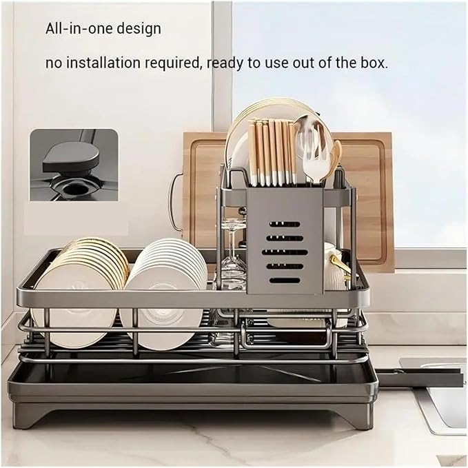 Adjustable Stainless Steel Dish Drying Rack with Drainboard - Over Sink Plate Organizer for Kitchen Storage