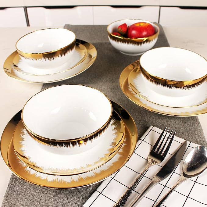 Dinnerware Sets(12Pcs) Serves for 4, Modern Dinnerware, Gilded Edge Plates and Bowls Set with 8.3"Small Plate 10.2"dinner Plate 6.1"Soup bowl, apply Indoor Outdoor (Gilded set)