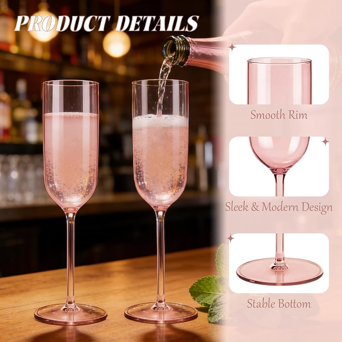 Plastic Champagne Flutes Set, 6oz Unbreakable Champagne Glasses Bulk, Shatterproof Reusable Mimosa Prosecco Sparkling Wine Cups for Wedding Party (Rose Gold, 24pcs)