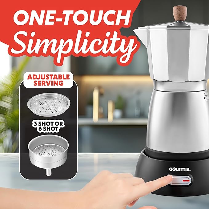 Gourmia Electric Moka Pot Espresso Maker – 6 Shot Italian-Style Coffee Brewer, 550W Detachable 360° Cordless Base, Food-Grade Aluminum, Beechwood Handle