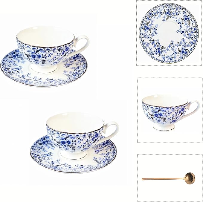 Vintage Floral Porcelain Tea Cup and Saucer Set with Gold Trim, Classic Blue Pattern, 6 oz Capacity