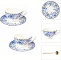 Vintage Floral Porcelain Tea Cup and Saucer Set with Gold Trim, Classic Blue Pattern, 6 oz Capacity