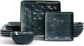 Famiware Stoneware Dinnerware Sets for 4, Ocean Square 12-Piece Kitchen Plates and Bowls Sets, Reactive Glaze, Microwave and Dishwasher Safe, Scratch Resistant, Deep Forest