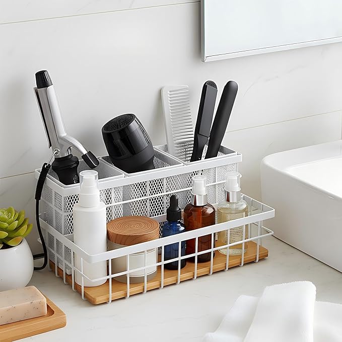 AceOrbit 1 Pcs 1pcs Hair Tool Organizer Countertop Breathable Metal Bamboo Hot Tools Vanity Organizer Under Sink Bathroom Hair Dryer Holder Countertop Brush Comb Holder Tray (Natural Bamboo,White)