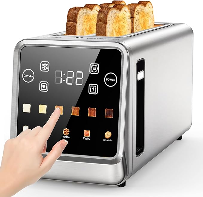 Toaster 4 Slice Long Slot for Bagels & Artisan Bread, Digital Smart Touch Screen with Memory Function & Single-Slice Modes, 6 Toast Settings & 5 Bread Types, Defrost & Reheat, Stainless Steel