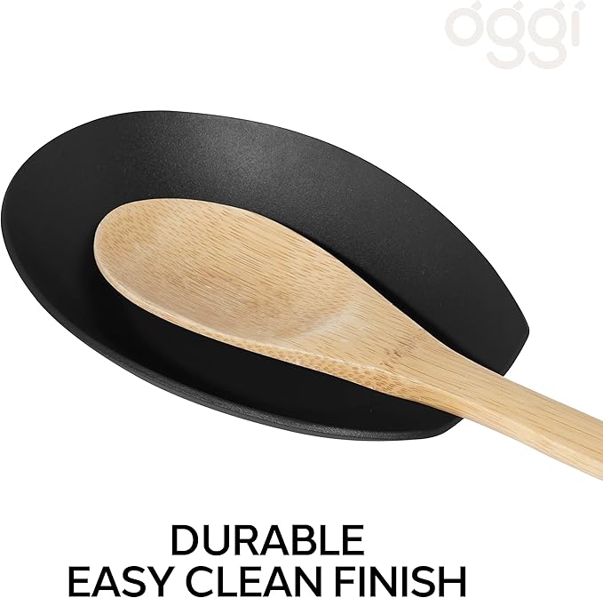 Oggi Spooner Stainless Steel Spoon Rest - Mess Free Cooking, Great for Kitchen Counter, Black, 5.25 x 3.5 Inch