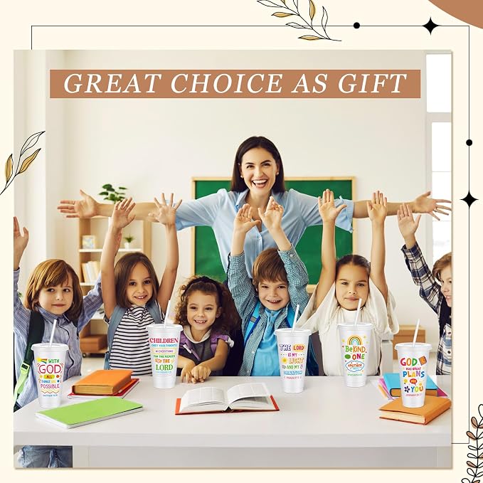 Uiifan 30 Pcs Vacation Bible School Cups for Kids, Christian Tumblers with Straws Bible Verse Cups for VBS, Sunday School, Church Party Favors Faith Gifts, Reusable Plastic Tumblers with Lids, White