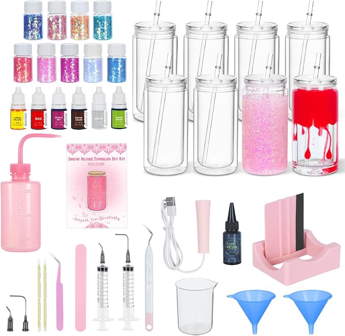 8 Pack 16 Oz Acrylic Snow Globe Tumbler Diy Starter Kit, Double Wall Plastic Pre-Drilled Snowglobe Tumbler Supplies Craft Tool Set