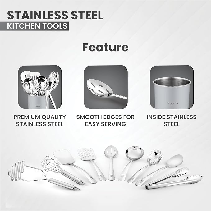 Avador® Premium Set of 10 Stainless Steel (GREY HOLDER) Kitchen Tool Set with Holder Easy To Clean, Space Saving, Great for Cooking, Baking, Prepping (GREY)