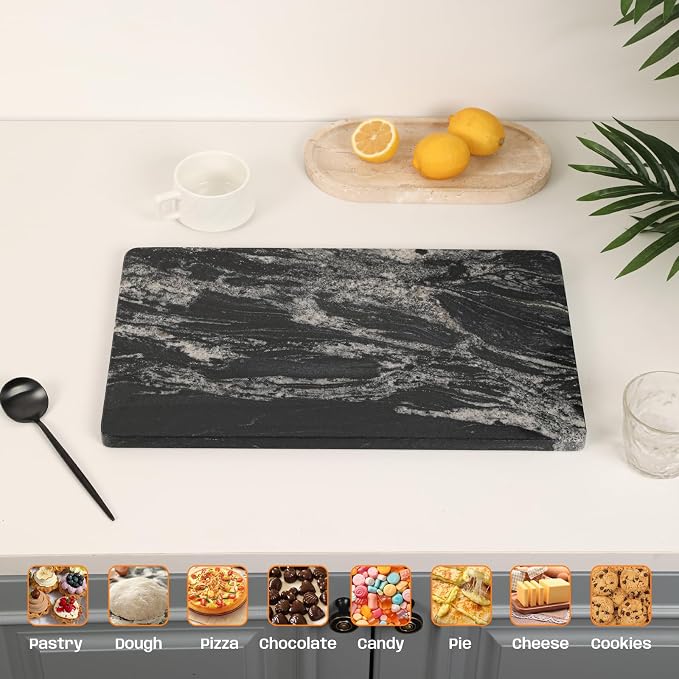 Black Marble Cutting Board for Kitchen, 12x20 Inch Marble Slab Pastry Board With Non-Slip Feet for Baking, Cheese, Charcuterie, Chocolate – Serving Tray Gift
