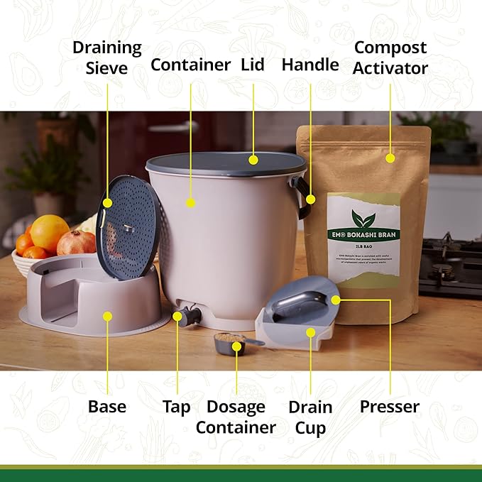 TeraGanix Bokashi Compost Starter Kit, Essential Bucket + Base, Indoor Composting, 15.3L (4gal) Capacity, Airtight, Odor & Pest-Free, Includes Bokashi Rice Bran & Liquid Collection Base, (Black)