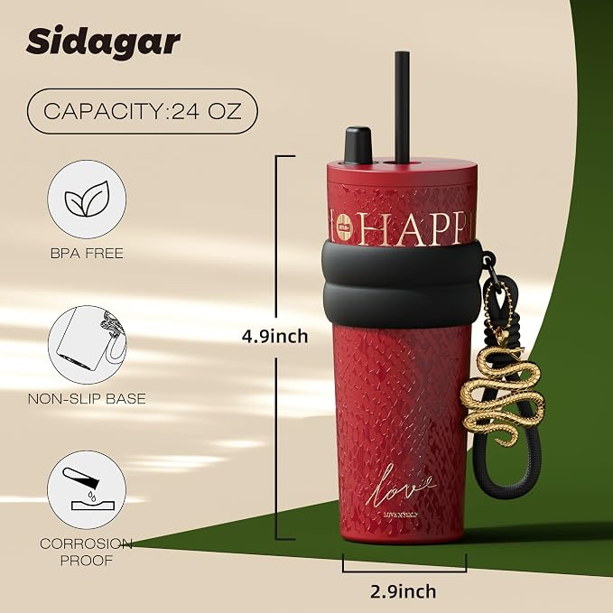 24 oz Tumbler with Lid and Straw, Insulated Coffee Mug Leak Proof, Portable Iced Travel Water Bottle, Reusable Thermal Coffee Cup, Gifts for Women, Red