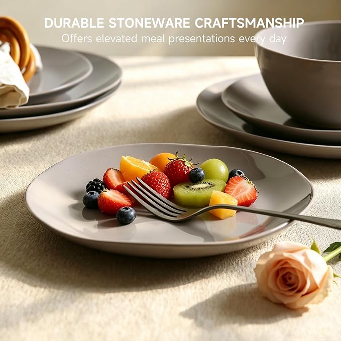 Dinnerware Sets for 4, 12 Pieces Stoneware Plates and Bowls Sets, Dishwasher&Microwave Safe,Modern Minimalist Tableware for Everyday Use, Gray
