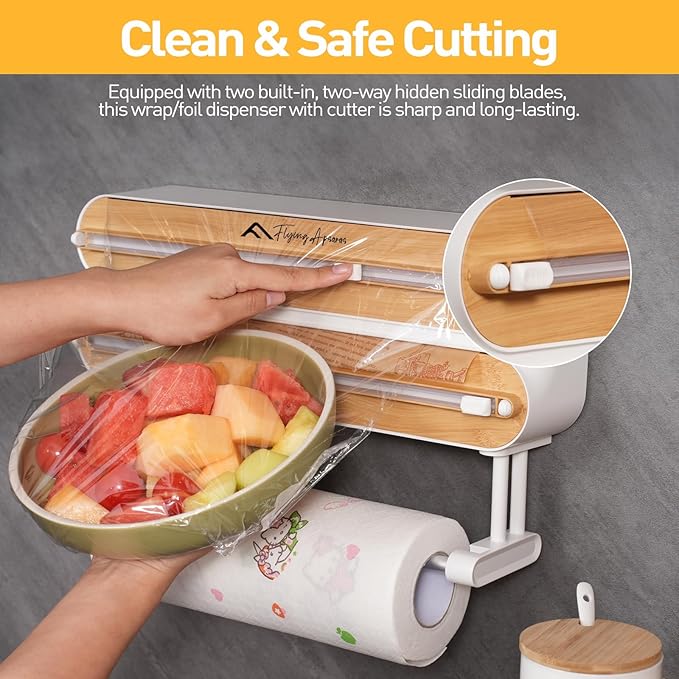 APSARAS USA Magnetic Plastic Wrap Dispenser with Cutter, 3 in 1 Aluminum Foil wrap Organizer, Practical Refillable Cling Wrap Film Cutter, Wall Mount Kitchen Wrap Dispenser, Include 2 * 12" Rolls