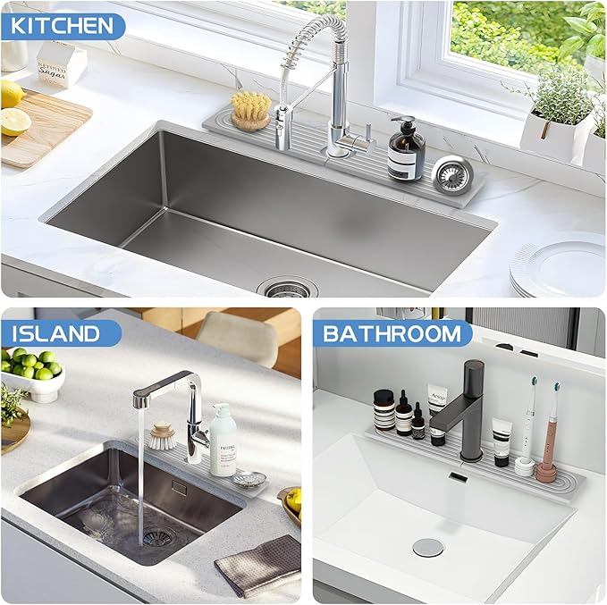 Stone Faucet Mat for Kitchen Sink, Water Absorbent Fast Drying Stone Tray for Sink , Quick Dry Diatomite Splash Guard for Bathroom Counter to Prevent Moisture Buildup, 23.6" x 4", Grey