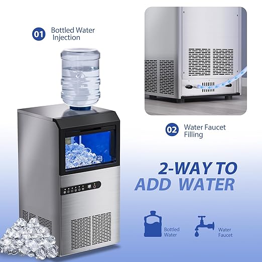 Commercial Ice Maker Machine, 120lbs/24H Stainless Steel Under Counter ice Machine with 45 Ice Cubes/Cycle, 2 Water Inlet Modes, Self Clean, 24H Timer,29LB Storage Bin for Bar, Coffee Shop, Home