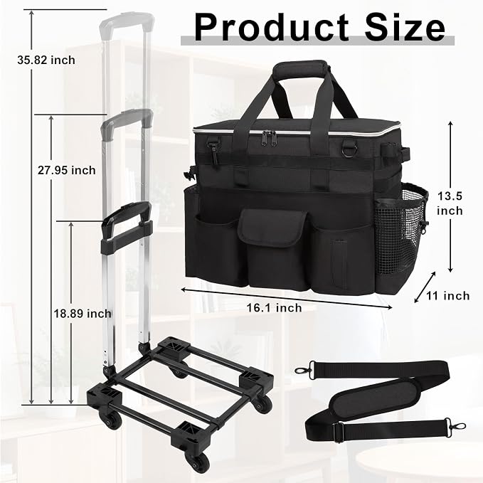 Large Rolling Cleaning Caddy with Wheels, Cleaning Supplies Organizer with Detachable Trolley, Water-resistant Cleaner Cart for Housekeepers, Multi Pocket Cleaning Cart with Shoulder Strap, Black