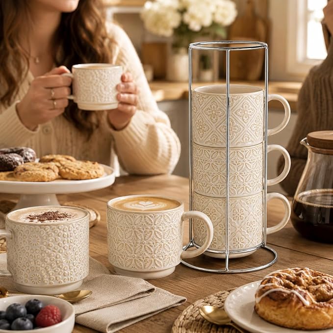 6 Oz Coffee Cups Set of 4, Espresso Cups with Stand, Stackable Cappuccino Mugs Set, Embossed Coffee Cup for Latte, Tea, Cocoa, Mocha, Housewarming Present, Dishwasher Safe