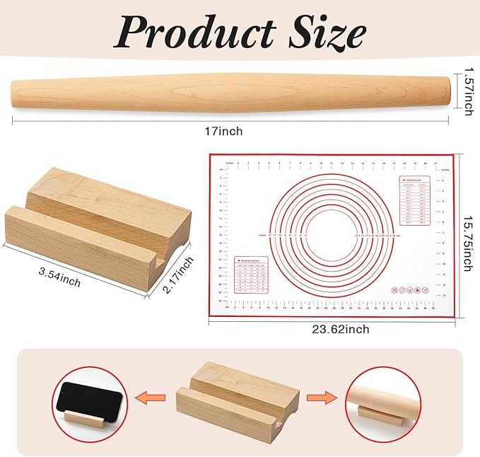 FoldTier Maple French Rolling Pin, Wood Rolling Pins for Baking with Silicone Baking Mat and Wood Base, Christmas Fondant Roller for Pie Crust Cookies Pastry Pizza Dough and Bread