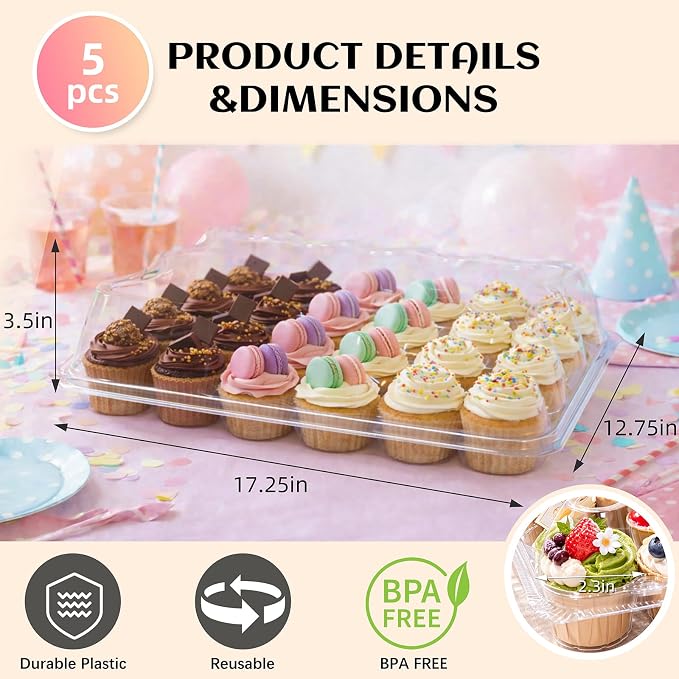 WIKDAY (24 Count x 5 Sets Plastic Cupcake Containers with Liners, Clear Cupcake Holder with Lids, Disposable Cupcake Carrier for Bakery, Cupcake Storage Box for Parties, Bake Sale Packaging