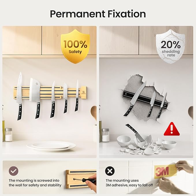 Extendable 32Inch Magnetic Knife Holder for Wall with Screw & Adhesive Mounting, Wood Magnetic Knife Strip from 16 to 32 Inch for Knife Bar, Knife Holder, Kitchen Utensil Organizer or Tool Room