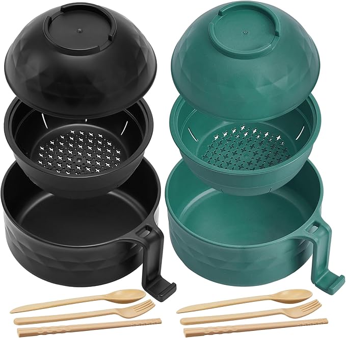 2 Sets Microwave Ramen Bowl 40 oz Wheat Fiber Portable Instant Noodle Cooker Bowl with Handles Strainer Spoon Chopstick Fork College Dorm Room Apartment Essentials(Black,Dark Green)