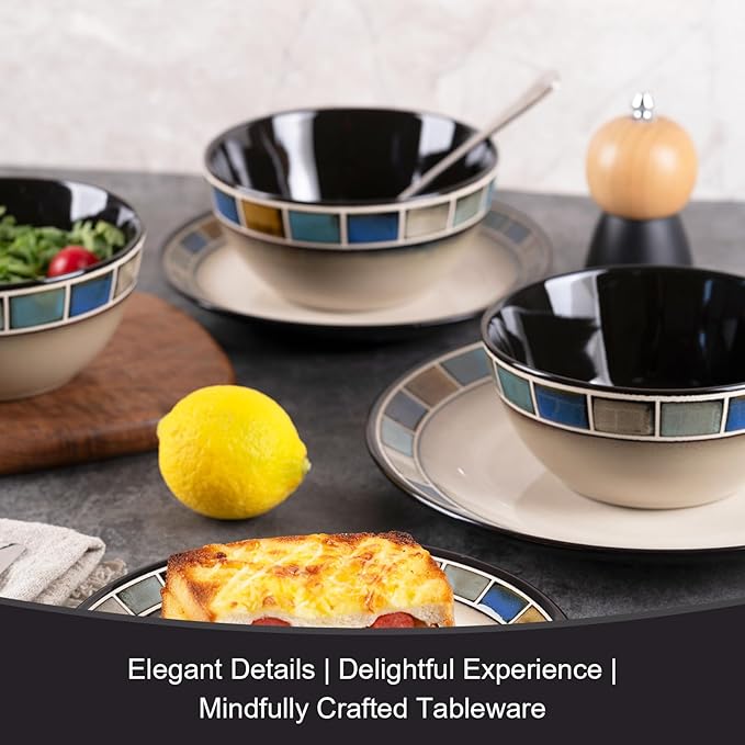 12 Piece Stoneware Dinnerware Set for 4, Vintage Blue & White with Square Rim Handmade Ceramic Plates and Bowls, Scratch Resistant Dish Set, Microwave & Dishwasher Safe Porcelain Kitchen Dishes