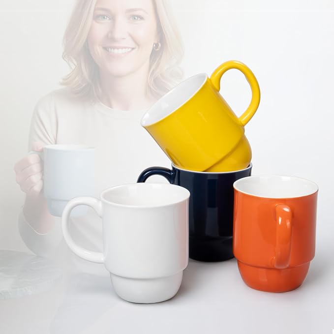 Stackable Porcelain Coffee Mug Set of 4 – 20oz Jumbo Capacity, Space-Saving Ceramic Mugs with Large Handle for Kitchen & Coffee Bar, Microwave & Dishwasher Safe Modern Home Gift
