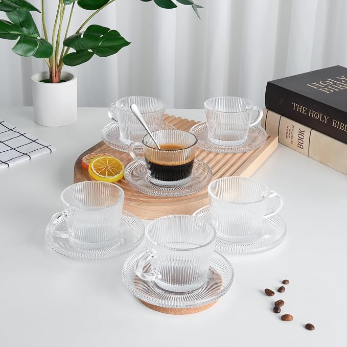 Glass Espresso Shot Cups with Saucers Set of 6, Clear Small Demitasse Cup with Stainless Steel Spoons, Dishwasher Safe Coffee Mugs for Tea Hot Chocolate Cappuccino, 5OZ/150ML, Stripe
